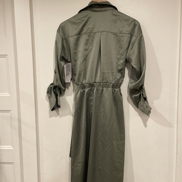 NWT French Connection Olive Green Shirt Dress Medium M Midi Belted Satin Career - Picture 8 of 11